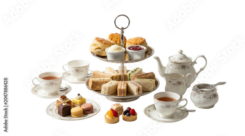 Traditional afternoon tea set with finger sandwiches, scones and clotted cream. Elegant British high tea service with porcelain teapot and assorted pastries. isolated PNG with Transparent