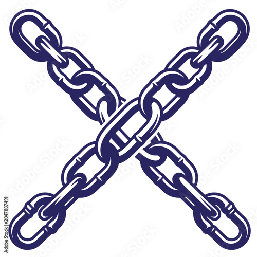 Crossed heavy chain links icon design with security connection industrial illustration hardware material protection fastener strength isolated background