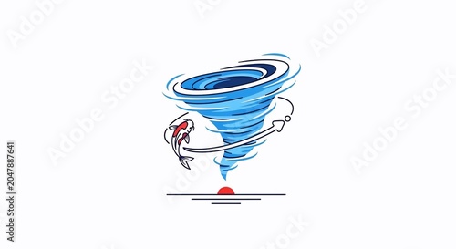 Cartoon tornado swirling with red eye.