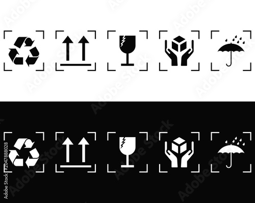  A set of packaging symbols, icons and marks. Recycling, Fragile, Keep dry, Upward, Handle with care, Recyclable
