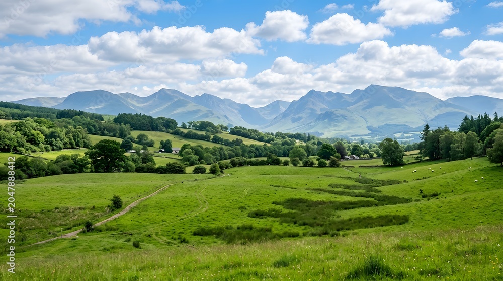 Fototapeta premium Rolling green hills and mountains under a blue sky
