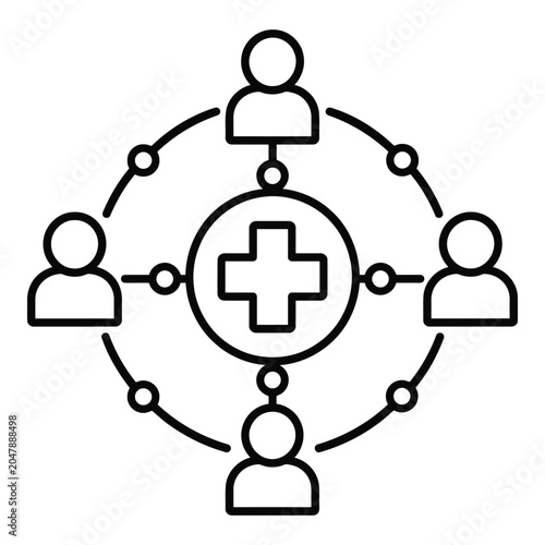 Healthcare network icon with people and medical cross symbol line art