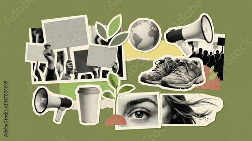 Environmental protest collage with blank signs and megaphones on green background for climate activism banner