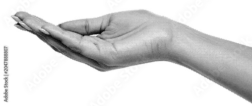 Obraz na płótnie Open empty human palm hand gesture in halftone