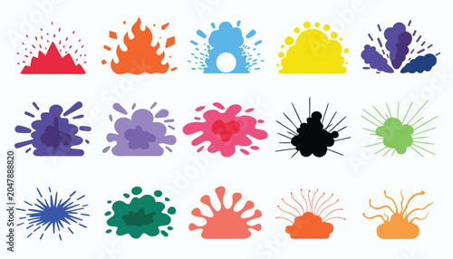 A dynamic display of colorful, abstract graphic elements resembling bursts of fire, smoke, and water splashes on a white background.