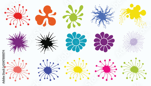 An energetic arrangement of colorful, abstract graphic elements resembling paint splatters and radial bursts, presented in a grid on a white surface.