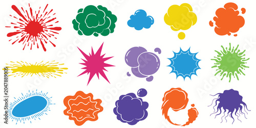 A diverse assortment of abstract graphic elements and paint splatters in bright colors like red, green, blue, yellow, orange, and purple.