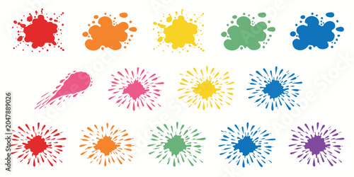 A horizontal row of colorful paint splashes and streaks in shades of red, orange, yellow, green, blue, and purple.