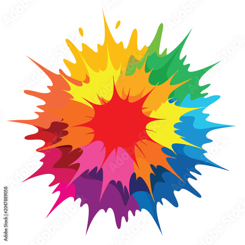A singular, explosive burst of color featuring sharp, pointed elements radiating outwards in a rainbow spectrum from a central red core.