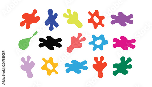 A playful assortment of colorful, amorphous ink blot shapes and splashes in red, blue, yellow, green, orange, purple, and black.