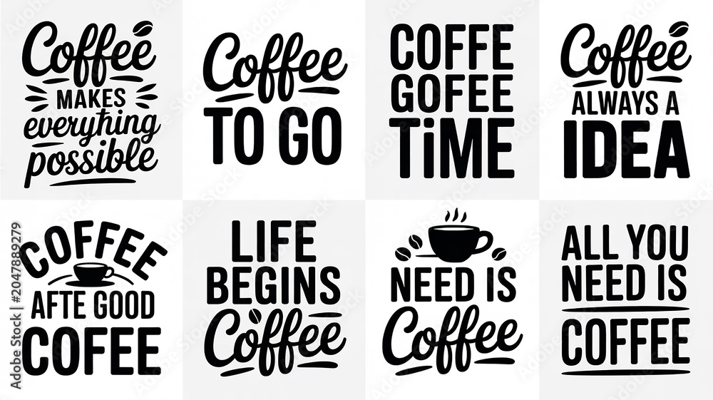 Obraz premium Eight black and white typographic with various coffee related quotes and phrases lettering