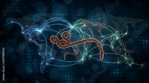 Virus outbreak concept with global connections and worm-like pathogens