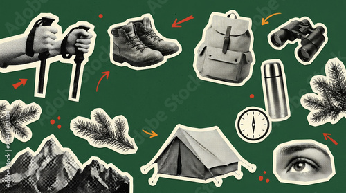 Mountain hiking collage with boots, backpack and camping gear on green background for outdoor adventure banner