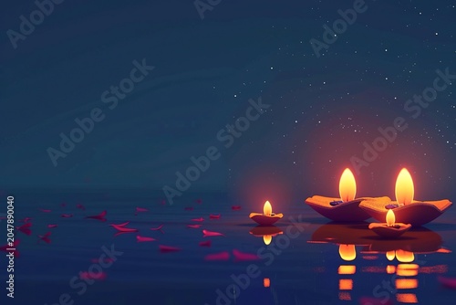minimalistic design illustation of Diwali festival of lights tradition Diya oil lamps against dark background,