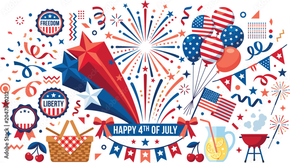 Fototapeta premium A festive illustration for independence day featuring fireworks american flags balloons stars picnic baskets and party decorations to celebrate the fourth of july holiday
