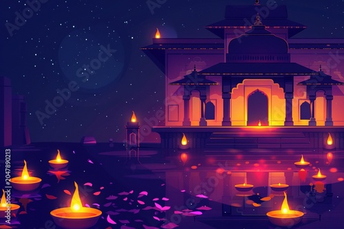 minimalistic design Indian house decorated with diya in Diwali night, the extreme right third of an image
