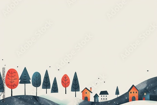 minimalistic design landscape with houses and trees, the extreme right third of an image