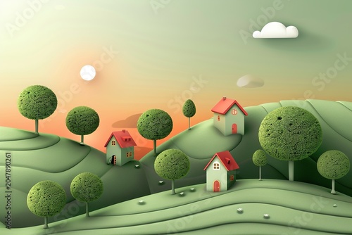 minimalistic design landscape with houses and trees, the extreme right third of an image