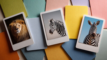 Bright and minimal flashcard mockup for preschoolers, featuring animal photos and blank writing spaces. Pastel background, clean paper edges, realistic lighting, professional educational tool set.
