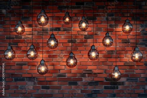 minimalistic design Many pendant lamps against red brick wall, the extreme right third of an image