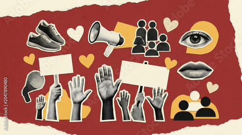 Peaceful protest collage with blank signs and raised hands on red background for civic campaign banner design