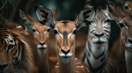 A diverse group of wildlife posing together in a forest setting