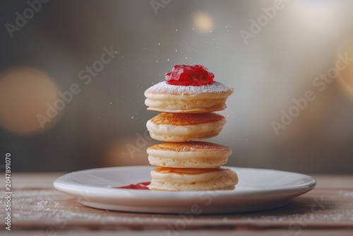stylist and royal mini pancakes with jam flying food selective focus, space for text, photographic