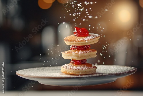 stylist and royal mini pancakes with jam flying food selective focus, space for text, photographic