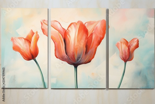 three panel art, marble background with butterfly and tulip flower, oil painting style
