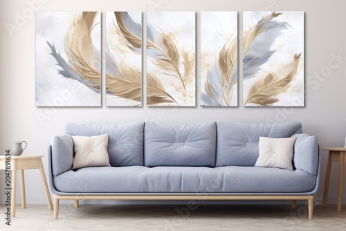 three panel art, marble background with golden and silver feather design, oil painting style