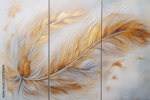 three panel art, marble background with golden and silver feather design, oil painting style