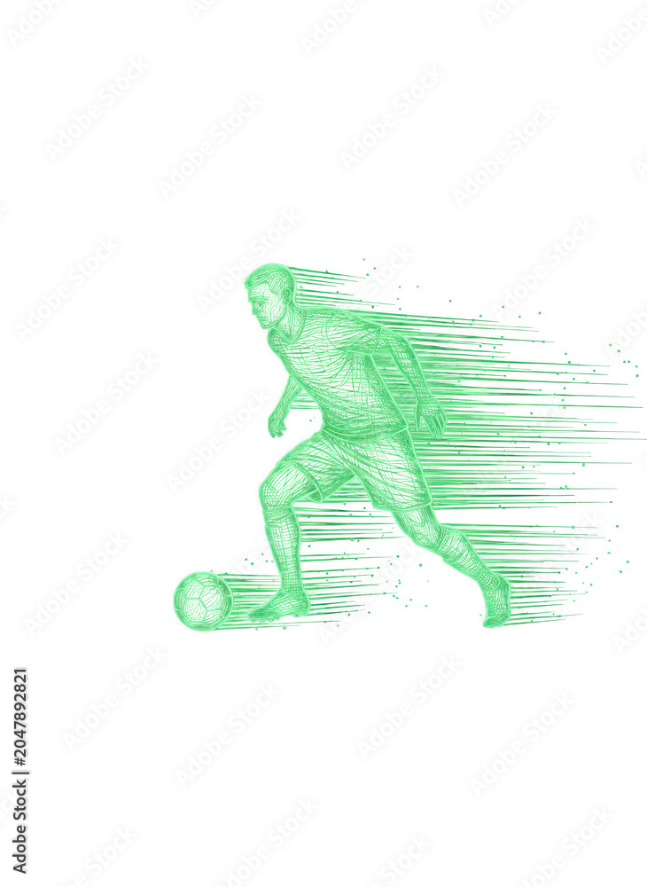 Fototapeta premium Green cartoon soccer player kicking a ball with motion lines