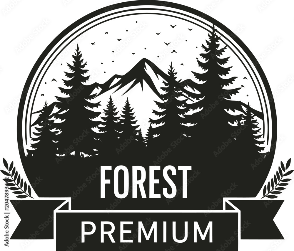 Obraz premium Forest Premium badge with mountain and trees illustration isolated on transparent background, isolated on white background, Vector