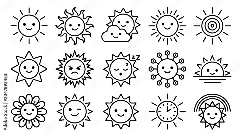 Fototapeta premium Line art sun icons set with various expressions and weather