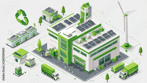 eco friendly modern green energy smart city with solar panels wind turbines and electric vehicles for sustainable urban development
