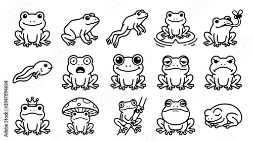 Set of diverse line art frog and tadpole icons