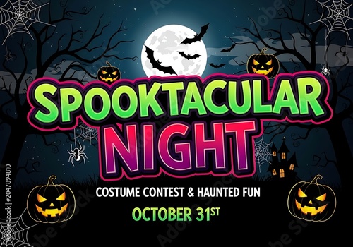 Halloween costume party celebration with spooky decorations and glowing jack-o-lanterns at night