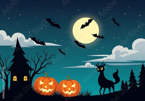 Halloween night scene with jack-o-lanterns, flying bats, and full moon over spooky landscape