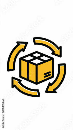 Recycling icon featuring yellow and black arrows encircling a cardboard box symbolizing sustainability environmental management and waste reduction