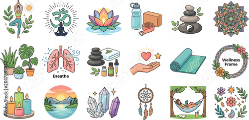 Photography Yoga and wellness icon set with hand drawn illustrations for meditation spa mind