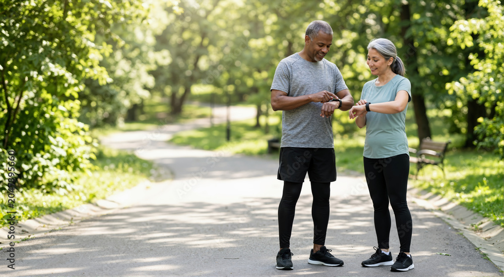 Fototapeta premium Active diverse senior couple checking smartwatches while jogging in park. Healthy aging and fitness tracking concept. Outdoor exercise