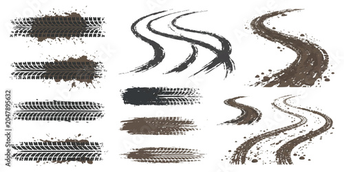 Photos Set of black tire tracks and skid marks with grunge ink splatters for automotive