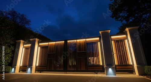 Elegant wooden automatic gates with vertical slats and warm LED accent lighting at night image photo