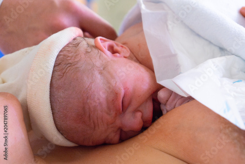 Obraz na plátně Newborn baby crying while lying on mother's chest after delivery