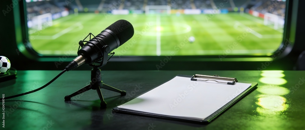 Obraz premium A modern football commentary studio, complete with microphones and clipboards, ready for the World Cup.