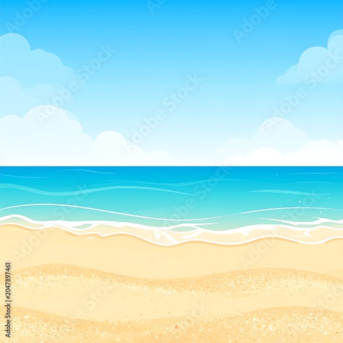 A serene beach scene with clear blue sky, fluffy clouds, turquoise water, and gentle waves lapping at the sandy shore
