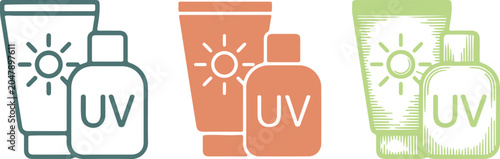 Tableau sur toile Set of hand drawn sun protection cream icons, flat vector illustration of sunscr