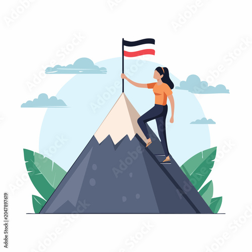 Woman climbing mountain to plant flag on summit
