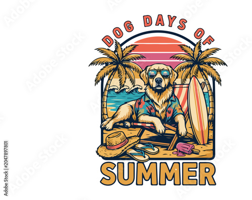 Dog Days of Summer Beach Dog T-Shirt Design with Golden Retriever in Hawaiian Shirt, Tropical Sunset, Palm Trees, Surfboard, Vintage Summer Vacation Typography Illustration