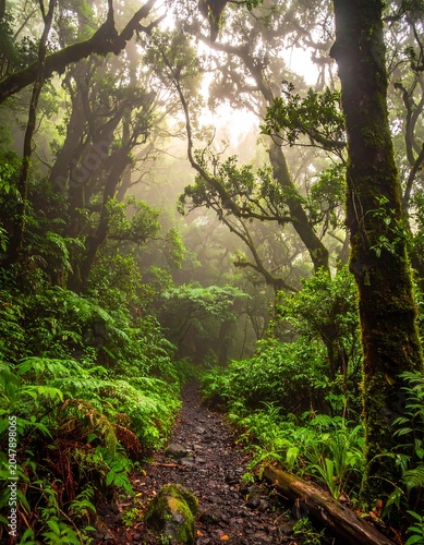 A serene forest path, overgrown with lush greenery and ferns, shrouded in mist